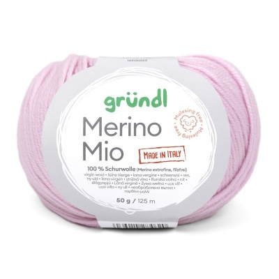 Novelo de lã rosa com etiqueta Gründl Merino Mio