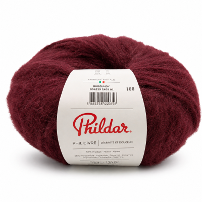 Novelo de lã burgundy Phildar PHIL GIVRE com rótulo branco e texto em vermelho e preto