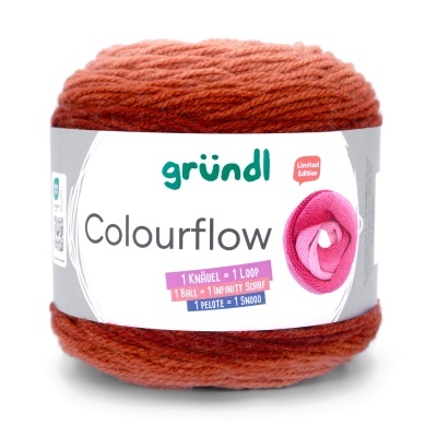 Novelo de lã laranja avermelhada gründl Colourflow Limited Edition com embalagem branca e foto de cachecol