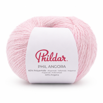 Novelo de lã rosa claro com etiqueta branca e texto Phildar PHIL ANGORA