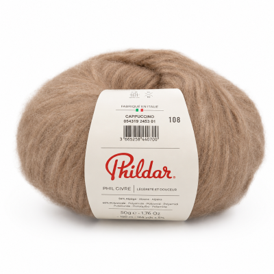 Novelo de lã alpaca cor cappuccino com etiqueta branca Phildar