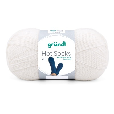 Novelo de lã branca da marca gründl Hot Socks uni com rótulo branco e imagem de meias azuis
