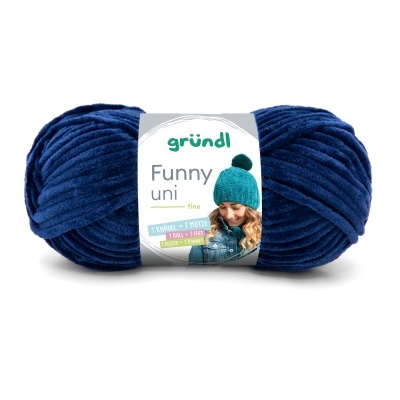 Novelo de lã grossa azul escuro com rótulo branco da gründl Funny uni fine