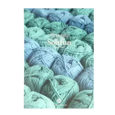 Novelos de lã verdes e azuis com texto Scheepjes Softfun COLOR CAKE