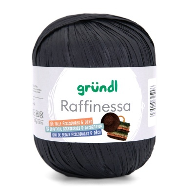 Novelo de fio preto com etiqueta branca da marca gründl modelo Raffinessa.