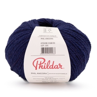 Novelo de fio azul escuro Phildar Phil Angora com rótulo branco
