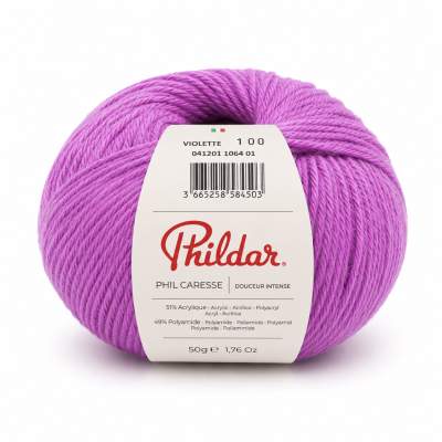 Novelo de lã roxo Phildar com etiqueta branca e texto informativo