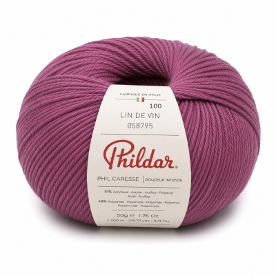 Rolo de fio de lã cor vinho Phildar com etiqueta descritiva