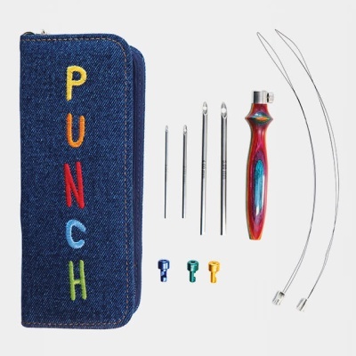Conjunto punch needle com agulhas, cabo colorido, acessórios e estojo azul com fecho