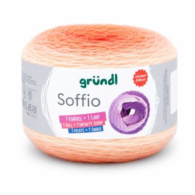 Novelo de fio para tricô degradé laranja claro a rosa com etiqueta da marca gründl Soffio edição limitada.