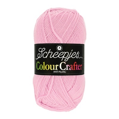 Novelo de lã cor-de-rosa Scheepjes Colour Crafter com etiqueta preta.