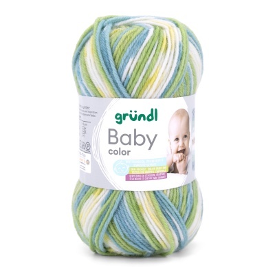 Novelo de lã multicolor gründl Baby color com etiqueta e imagem de bebé