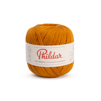 Novelo de fio de algodão laranja mostarda com rótulo Phildar