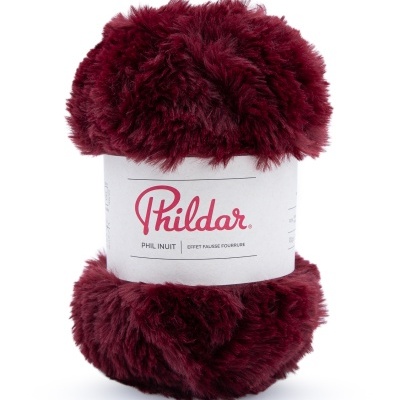 Novelo de lã grossa e felpuda bordô com rótulo Phildar