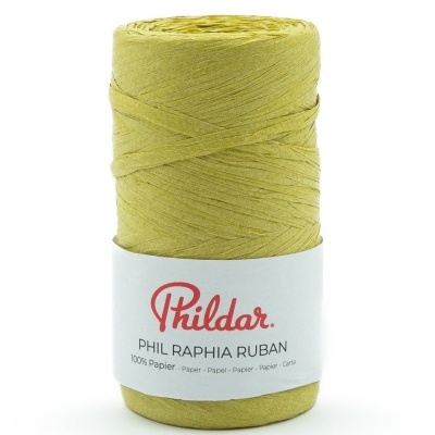 Rolo de fitilho amarelo com etiqueta branca da marca Phildar