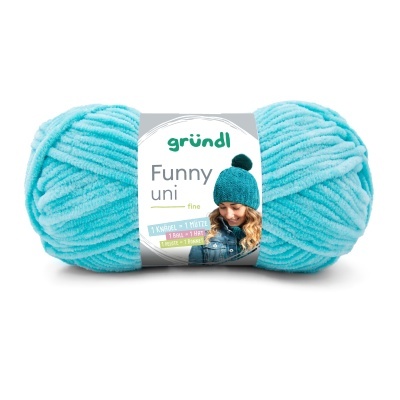 Novelo de lã azul claro com etiqueta da marca gründl