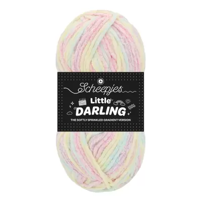 Novelo de lã colorido em tons pastel com etiqueta preta Scheepjes Little DARLING