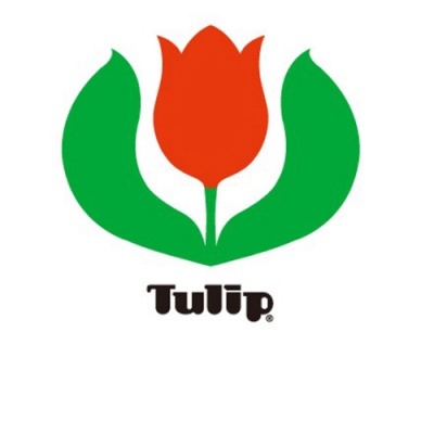Logotipo estilizado de tulipa vermelha com folhas verdes e texto Tulip