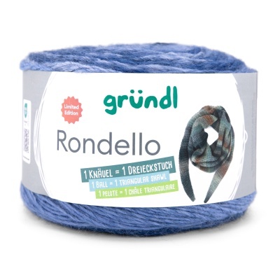 Novelo de fio de lã azul com rótulo da marca gründl, edição limitada, Rondello