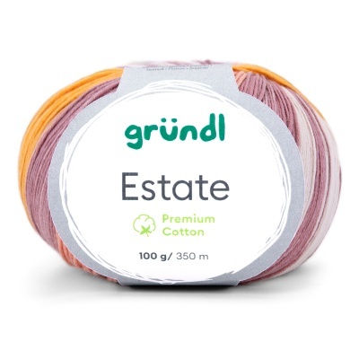 Novelo de fio de algodão multicolorido com etiqueta branca.