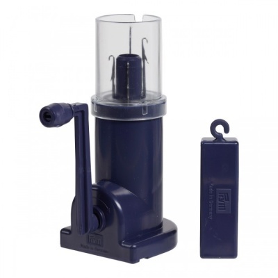 Aparelho manual azul para fabrico de pompons com manivela e caixa retangular azul