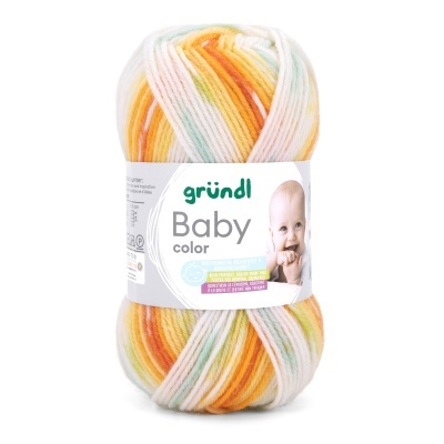 Novelo de lã multicolorida Baby color da grüncl com imagem de bebé na etiqueta