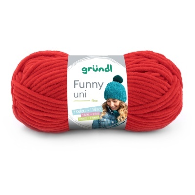 Novelo de lã vermelho com etiqueta da marca gründl