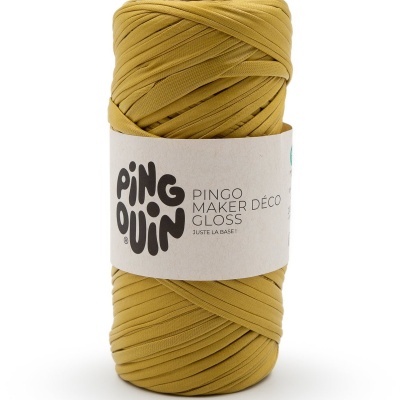 Rolo de fio amarelo mostarda com etiqueta PINGOUIN PINGO MAKER DÉCO GLOSS