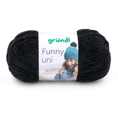 Novelo de fio de lã preto gründl com etiqueta Funny uni e imagem de mulher com gorro