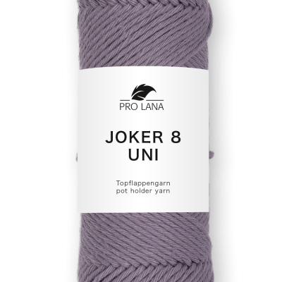 Novelo de fio lilás com etiqueta branca e texto