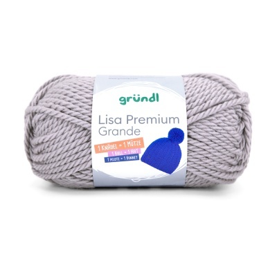 Novelo de lã cinzenta Lisa Premium Grande da gründl com etiqueta branca e imagem azul de gorro.