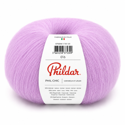 Rolo de fio roxo claro Phildar PHIL CHIC com embalagem branca e texto