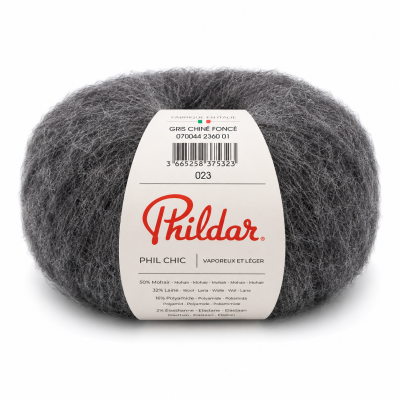 Novelo de fio cinza escuro Phildar Phil Chic com etiqueta branca