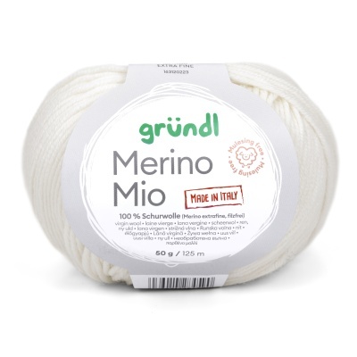 Novelo de lã branca com etiqueta Merino Mio da marca gründl