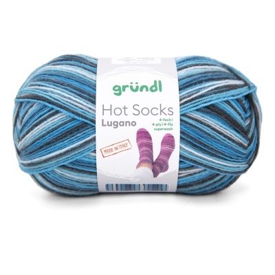 Novelo de lã para meias Hot Socks Lugano da gründl em cores azul, cinza e preto.