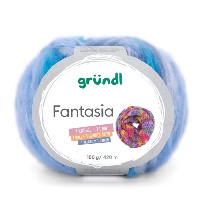 Novelo de lã grossa azul claro com etiqueta branca da marca grünidl Fantasia