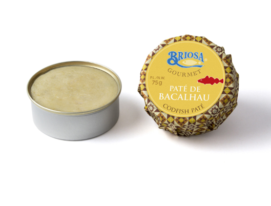 Paté de bacalhau numa lata metálica com embalagem amarela e dourada