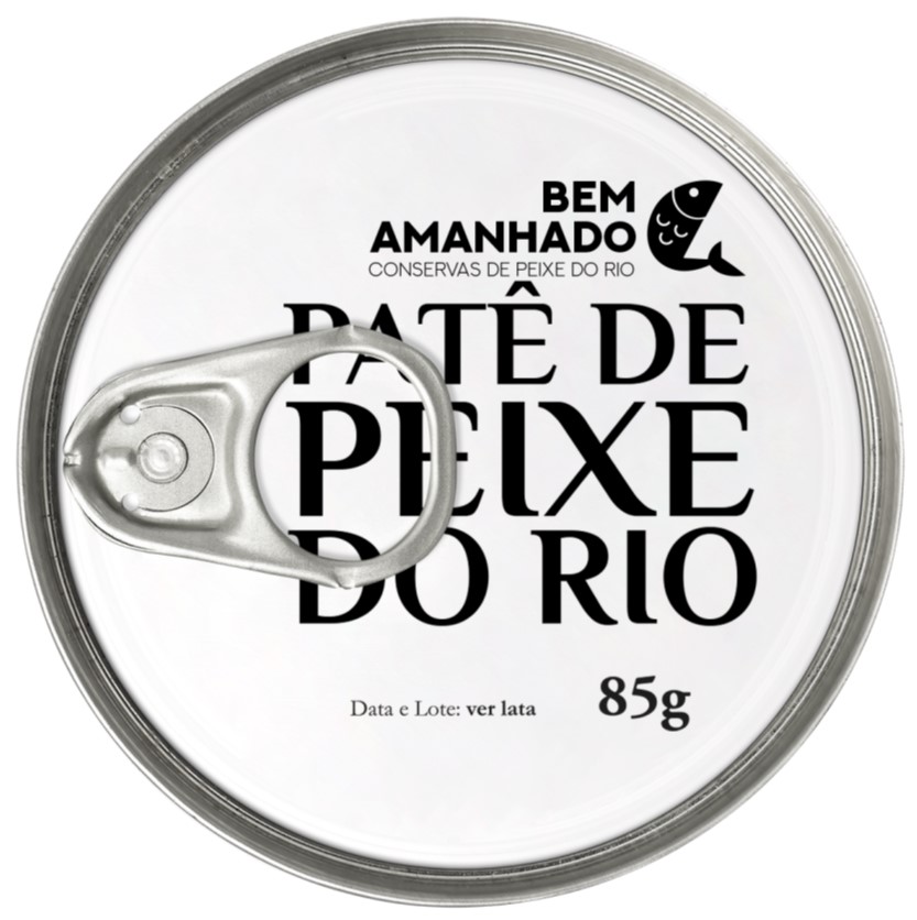 Patê de Peixe do Rio Lata branca com texto preto e anel metálico para abrir, paté de peixe do rio 85g.