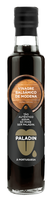 Garrafa de vinagre balsâmico Paladin com rótulo preto e castanho