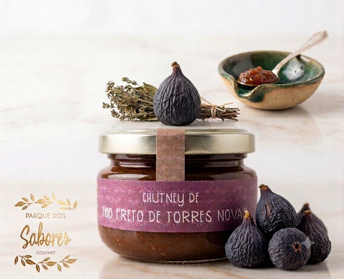 Chutney de Figo Preto de Torres Novas | Parque dos Sabores Frasco de chutney de figo preto com figos e ervas ao redor em fundo claro
