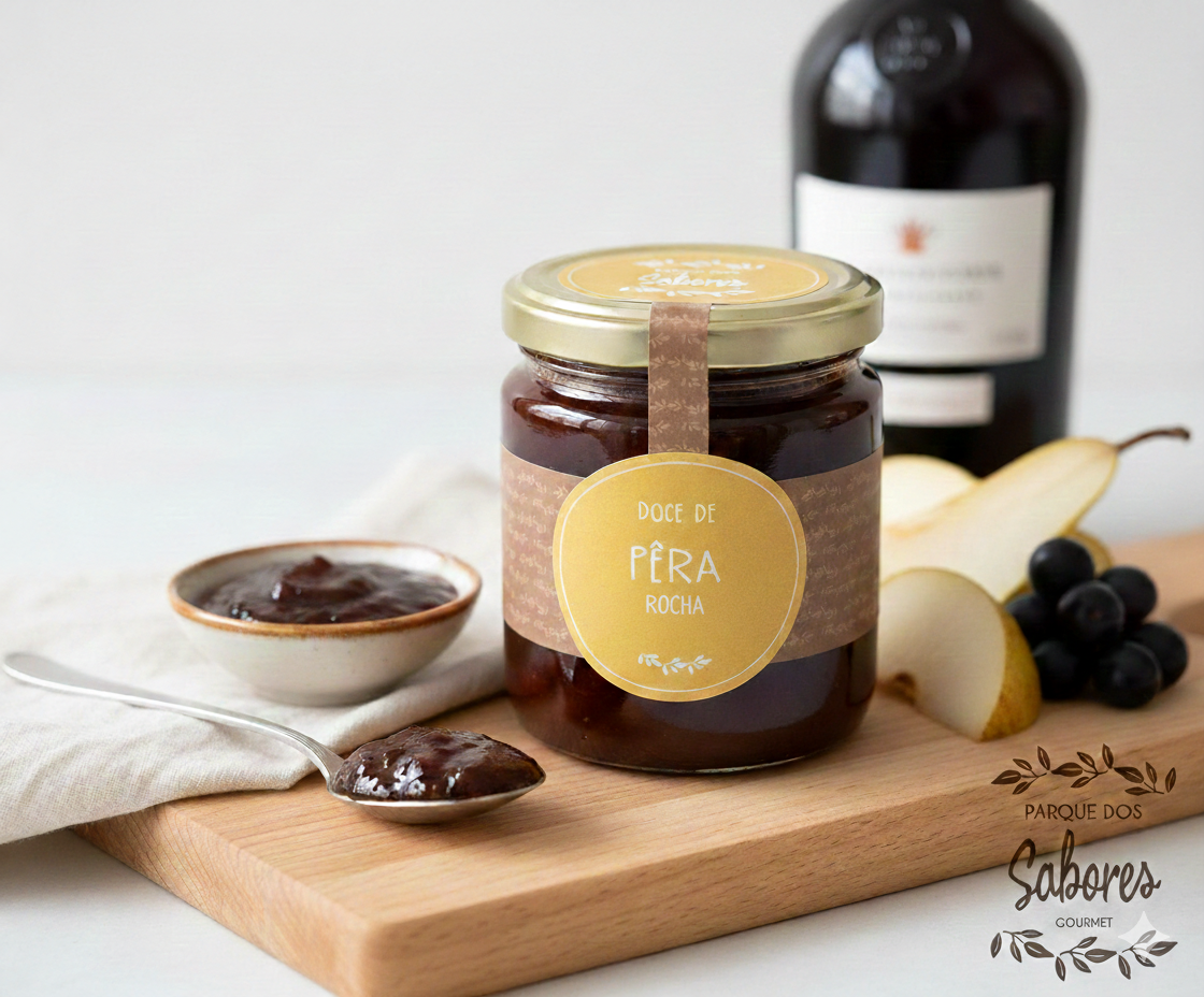 Frasco de doce de pêra rocha com colher e fruta sobre tábua de madeira