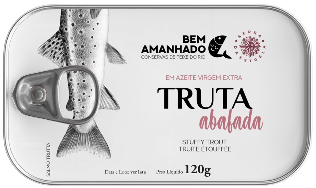 Conserva de Truta Abafada Lata de conserva de truta em azeite virgem extra com imagem de peixe e texto.