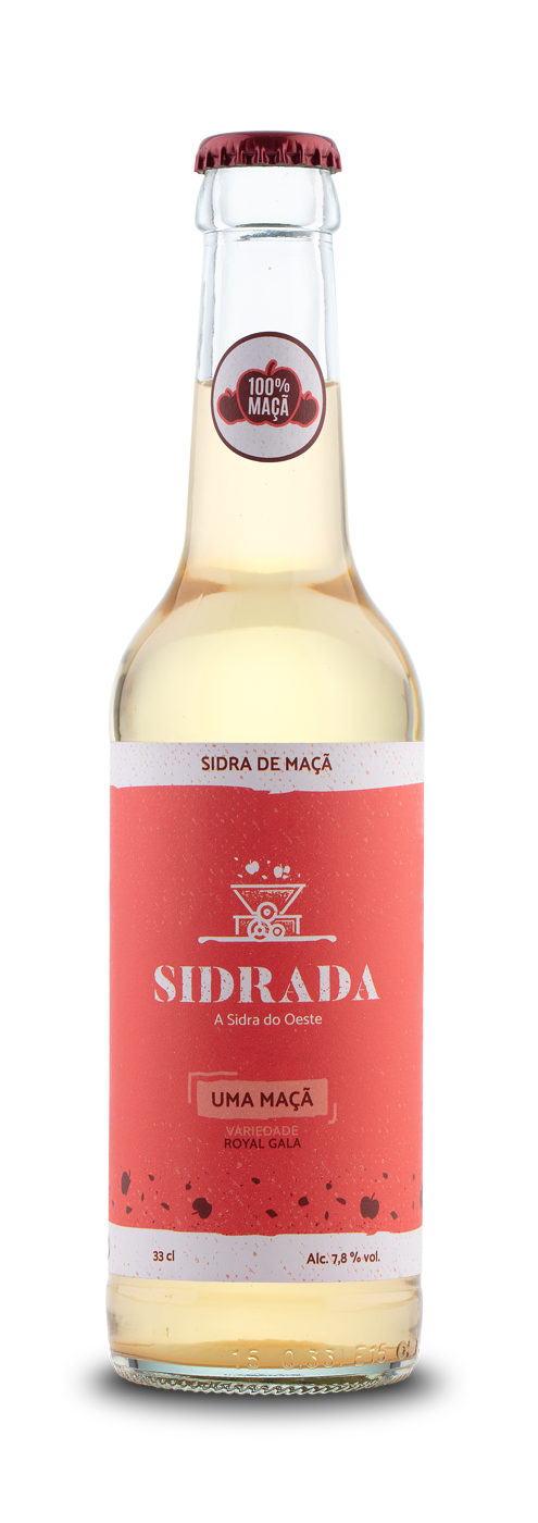 Garrafa de sidra de maçã com rótulo vermelho e branco e tampa vermelha.