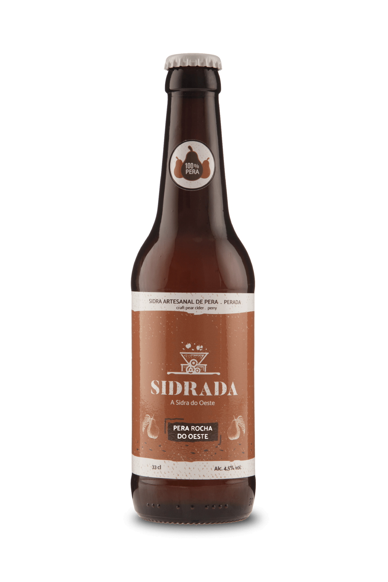 Garrafa de sidra artesanal de pera com rótulo castanho e branco