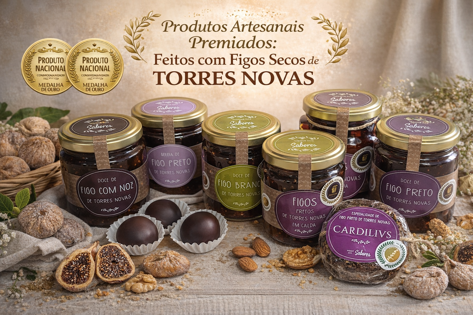 Frascos de doces artesanais de figos secos de Torres Novas com várias etiquetas coloridas e frutos secos ao redor