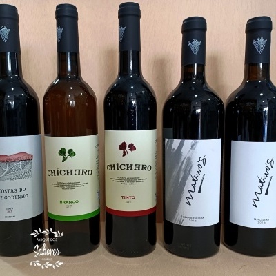 Cinco garrafas de vinho com diferentes etiquetas alinhadas em fila.