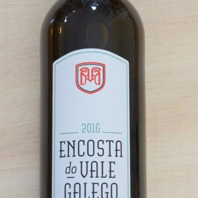 Garrafa de vinho Encosta do Vale Galego 2016 com etiqueta branca e detalhes em verde e vermelho