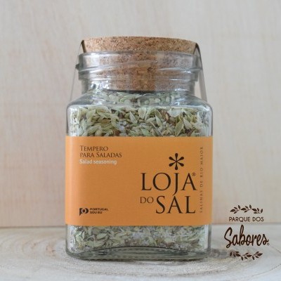 Frasco de vidro com tempero para saladas Loja do Sal com rótulo laranja e tampa de cortiça