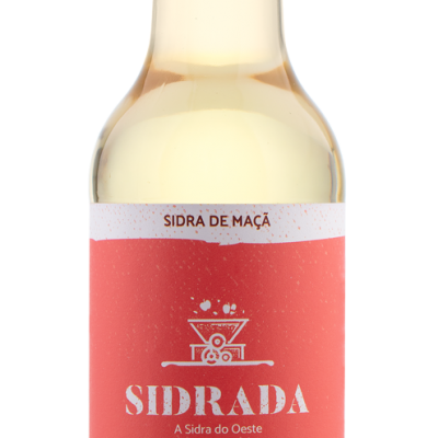 Garrafa de sidra de maçã com rótulo vermelho e branco e tampa vermelha.