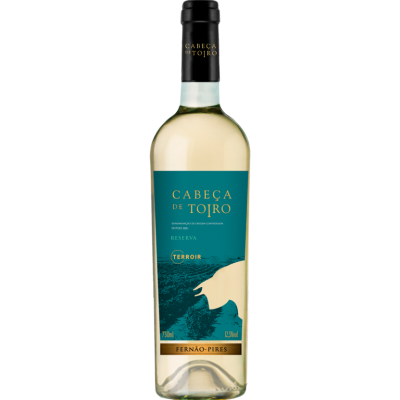 Garrafa de vinho branco Cabeça de Toiro com rótulo azul e creme e tampa preta